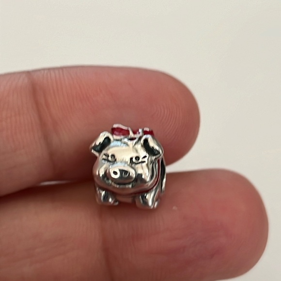 Piggy Bank Charm Pig Red Enamel Bow - Picture 2 of 4